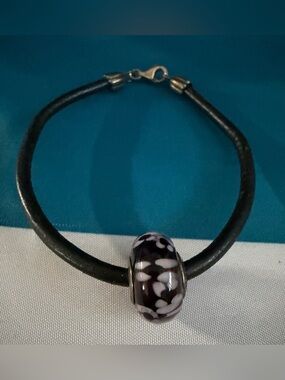 Pandora Black Leather Bracelet with Black & White Floral Glass Bead